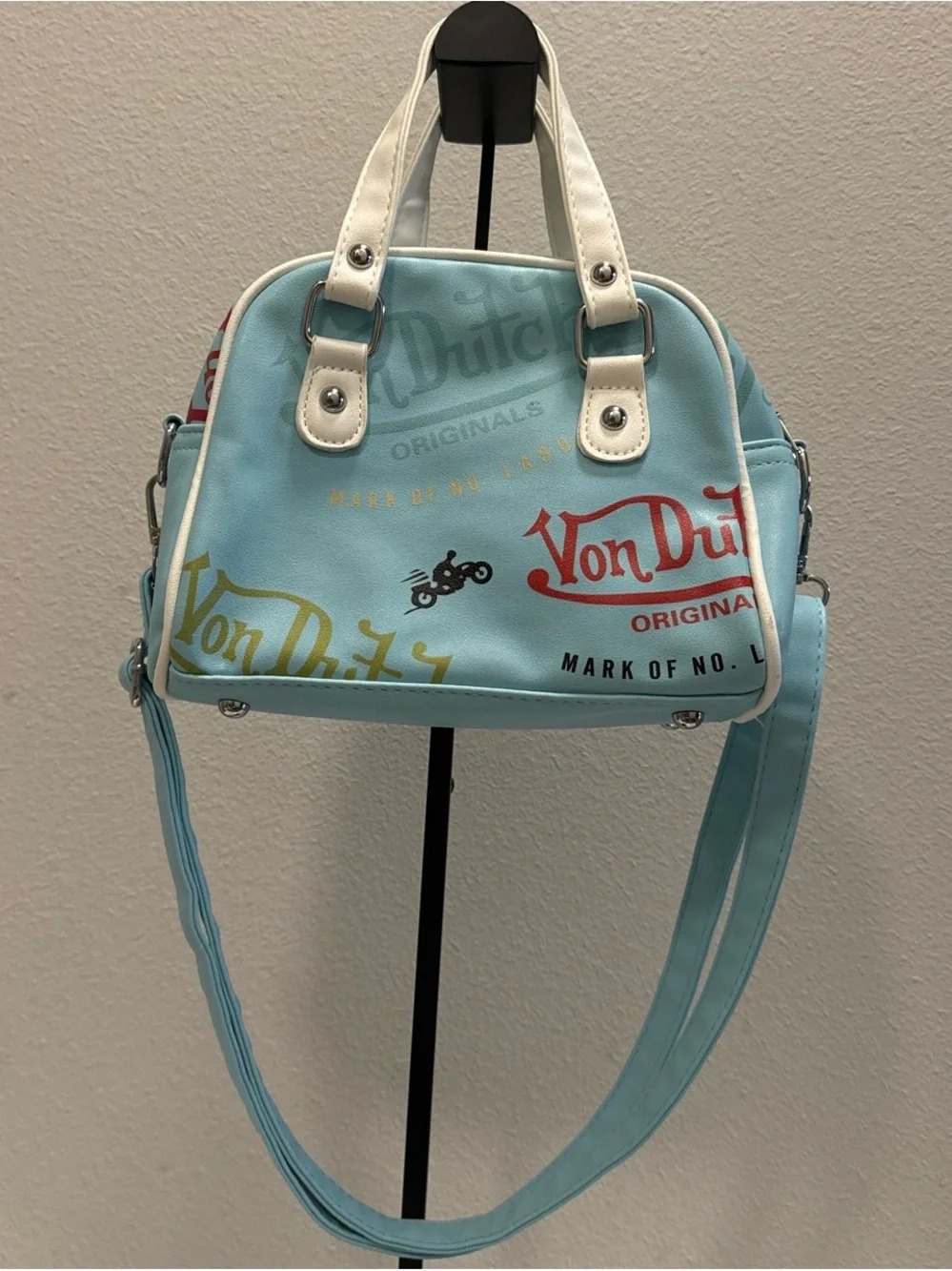 Von Dutch Light Blue Mini Satchel with White Handles and Red Logo